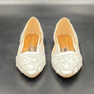 A XYD white rhinestone pointy toe low heels flats loafers slippers dress shoes